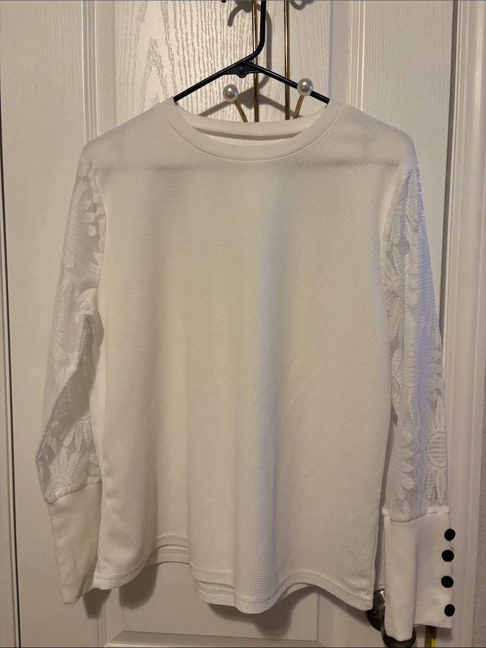 White Lace-Sleeve Women’s Blouse - Classic Crewneck